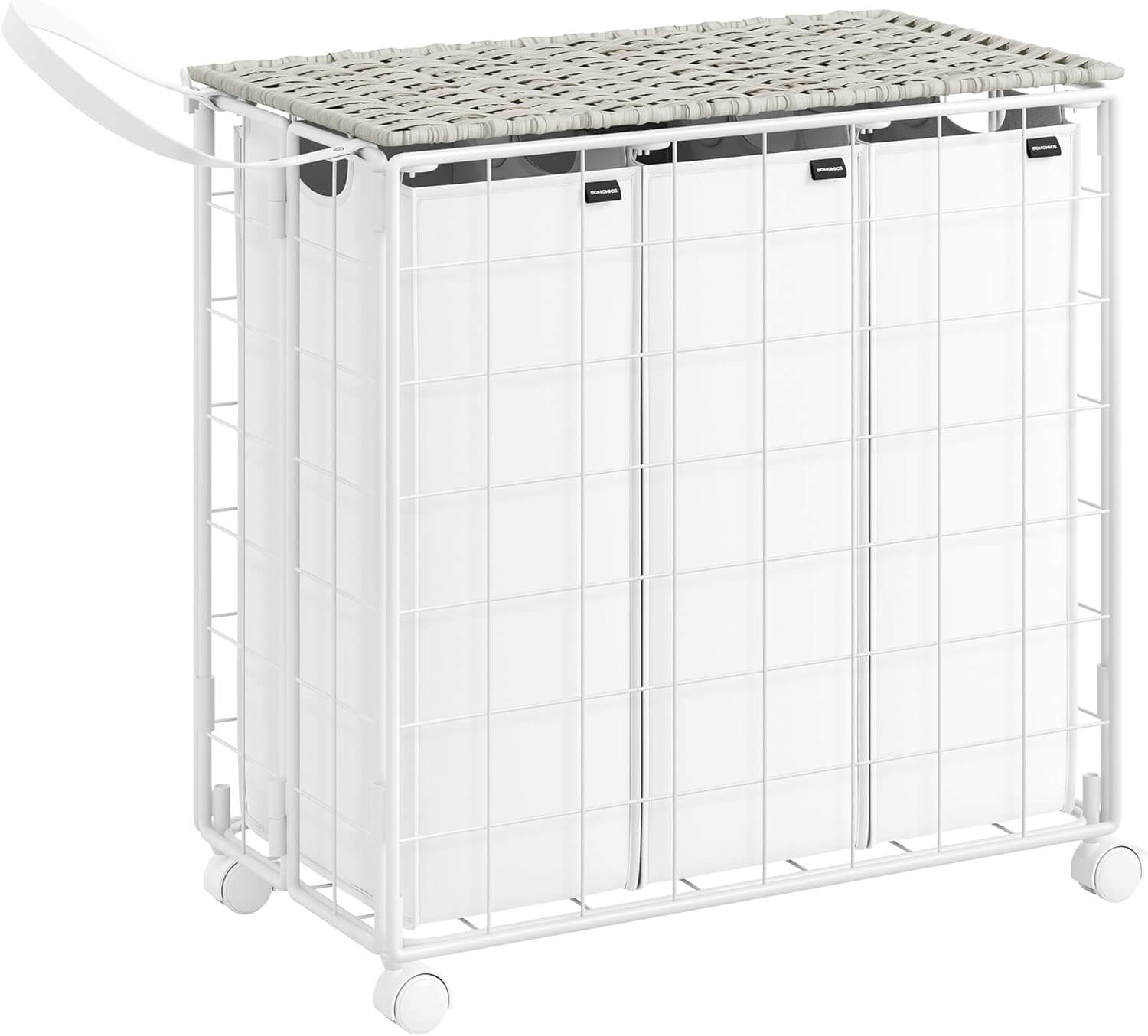 Songmics Τροχήλατο Αναδιπλούμενο Καλάθι Απλύτων με 3 Χωρίσματα και Καπάκι - 130 L - Cloud White - LCB313W01