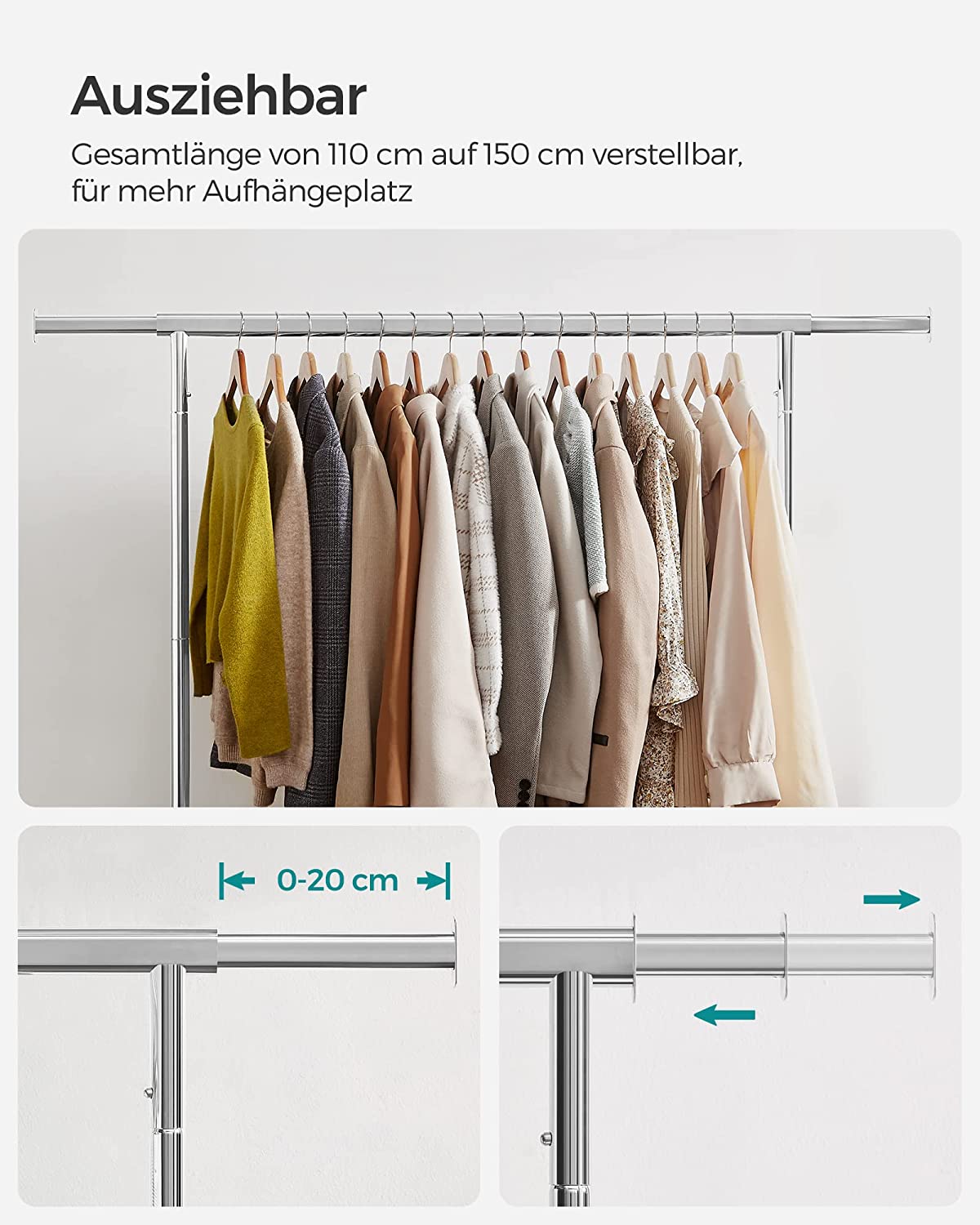 Songmics Τροχήλατη Επεκτεινόμενη Κρεμάστρα Δαπέδου - Ράγα Ρούχων - Silver - HSR11S