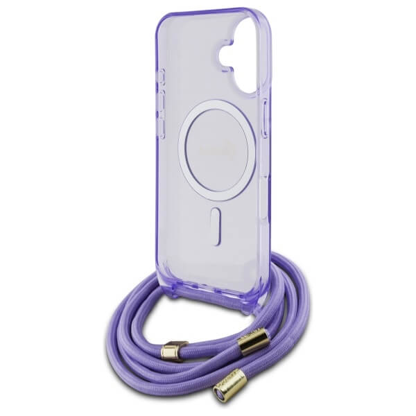 Guess iPhone 16 - Crossbody Cord Script MagSafe - Σκληρή Θήκη με Πλαίσιο Σιλικόνης και Λουράκι - Purple - GUHMP16SHCTSGNSU