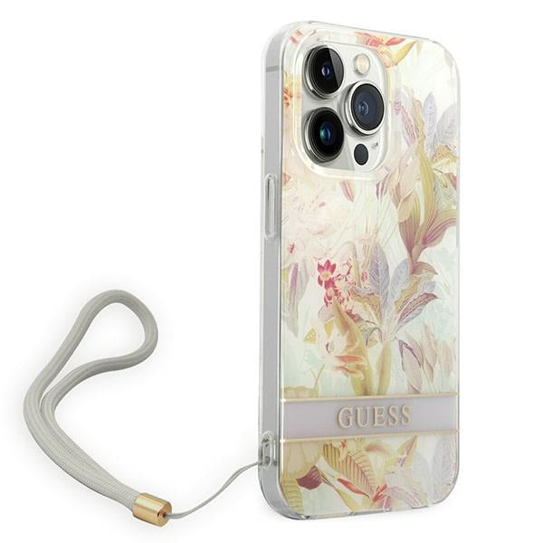 Guess iPhone 14 Pro Flower Strap Σκληρή Θήκη με Πλαίσιο Σιλικόνης και Λουράκι - Purple - GUOHCP14LHFLSU