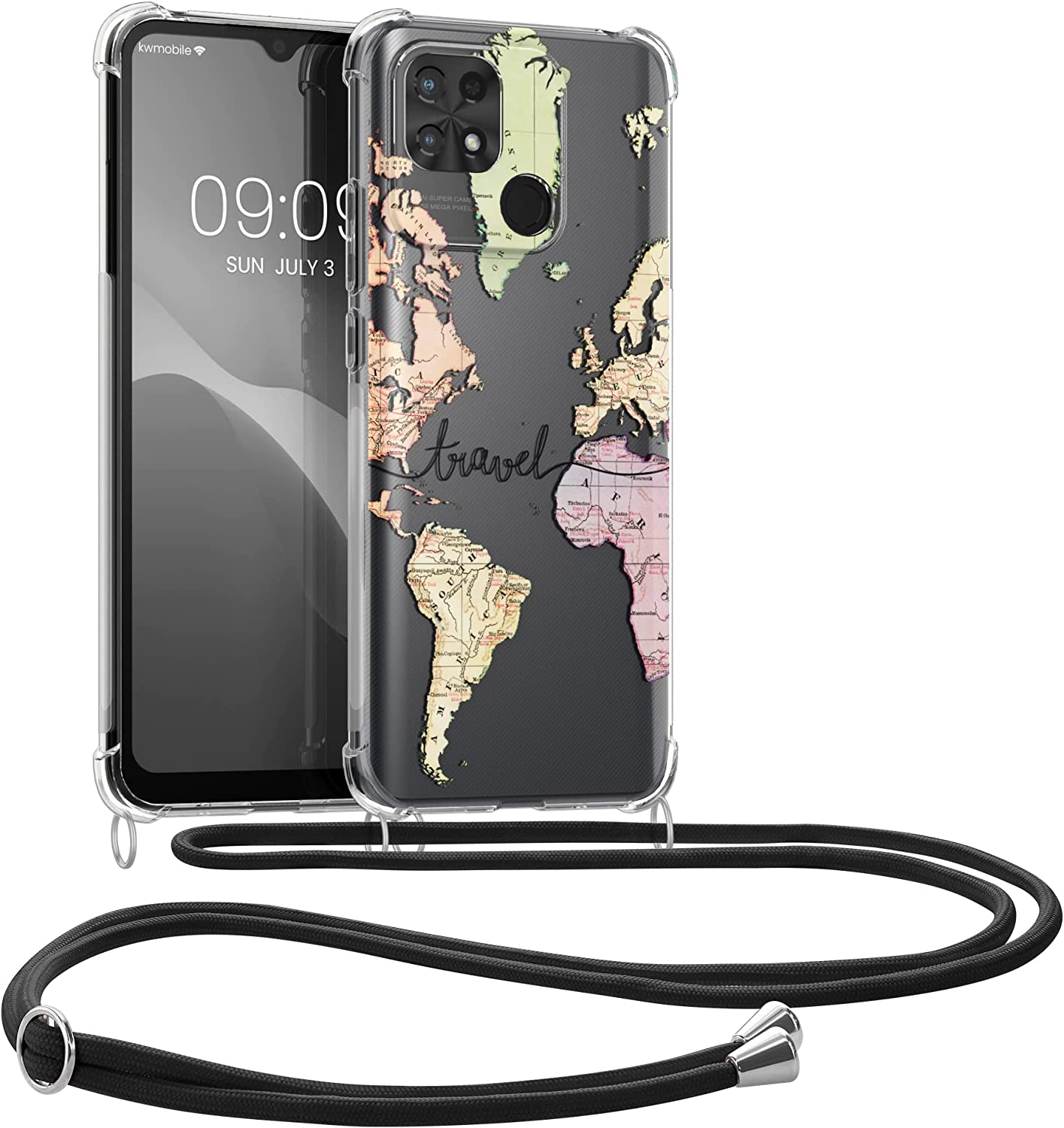 KW Xiaomi Redmi 10C Θήκη Σιλικόνης TPU με Λουράκι Design Travel - Black / Multicolor - Διάφανη - 59701.01