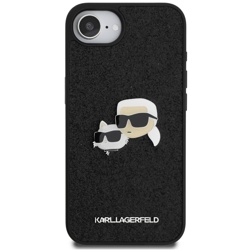 Karl Lagerfeld iPhone 16e - Fixed Glitter Karl and Choupette Heads Metal Pin - Σκληρή Θήκη με Πλαίσιο Σιλικόνης - Black - KLHCPSE4PFGKCPK