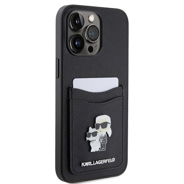 Karl Lagerfeld iPhone 15 Pro Max Saffiano Cardslot KC Metal Logo Σκληρή Θήκη με Επένδυση Συνθετικού Δέρματος και Υποδοχή για Κάρτες - Black - KLHCP15XSAPKCNPK