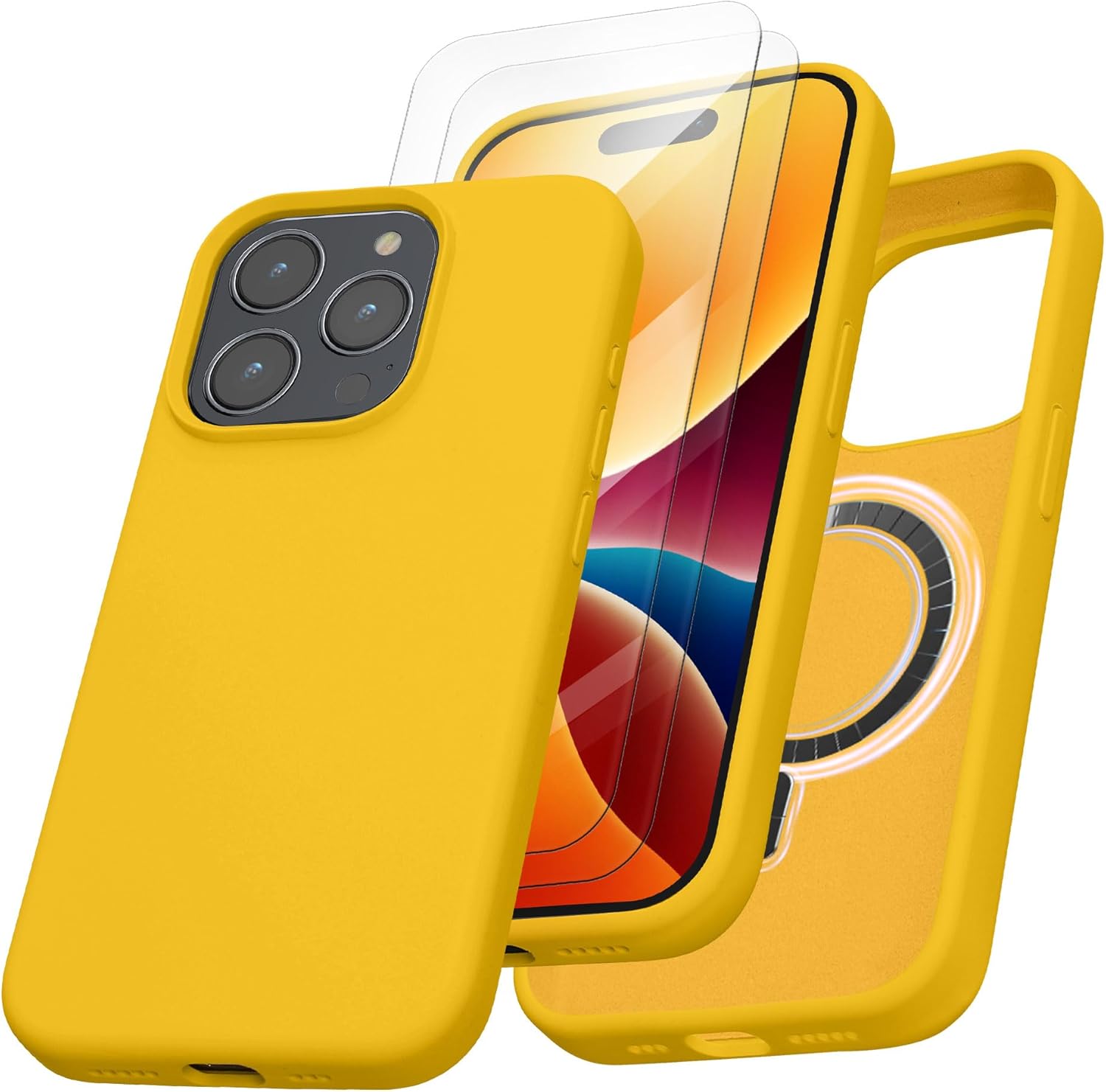 Kalibri iPhone 15 Pro Θήκη Σιλικόνης με MagSafe και 2 Αντιχαρακτικά Γυαλιά Οθόνης - Bright Yellow