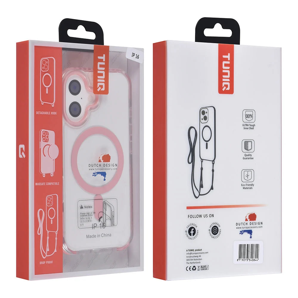 Tuniq iPhone 16 - MagSafe Σκληρή Θήκη με Πλαίσιο Σιλικόνης και Λουράκι - Διάφανη / Pink