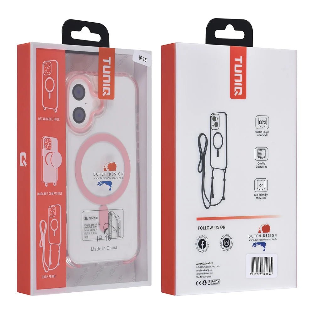Tuniq iPhone 16 - MagSafe Σκληρή Θήκη με Πλαίσιο Σιλικόνης και Λουράκι - Διάφανη / Pink