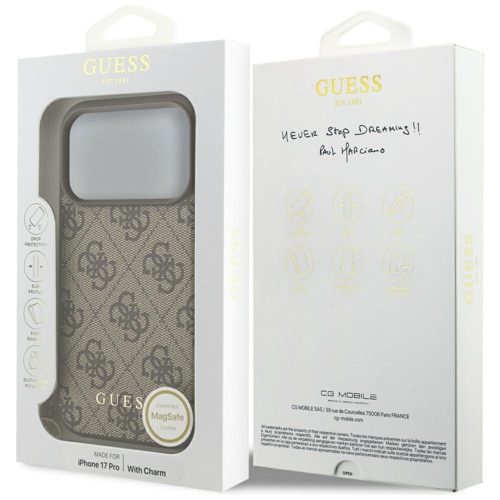 Guess iPhone 17 Pro - 4G Charms Collection MagSafe - Θήκη με Επένδυση Συνθετικού Δέρματος - Brown - GUHMP17LGF4GCW