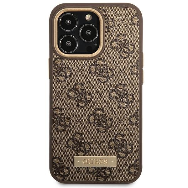 Guess iPhone 14 Pro 4G Logo Plate MagSafe Θήκη με Επένδυση Συνθετικού Δέρματος και MagSafe - Βrown - GUHMP14LU4GPRW