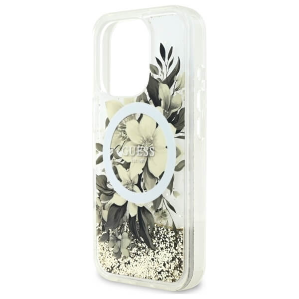 Guess iPhone 16 Pro Max - Liquid Glitter Flower - MagSafe Σκληρή Θήκη με Πλαίσιο Σιλικόνη - Beige - GUHMP16XLFMWTE