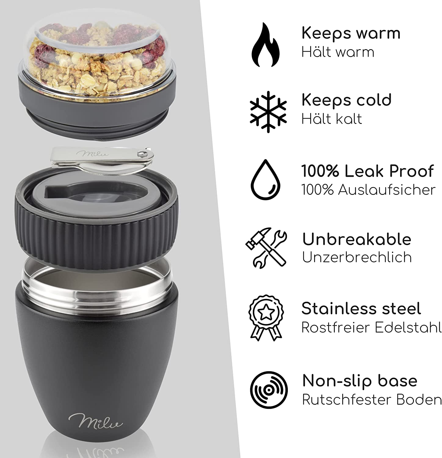 Milu SP Cereal Cup to Go Φορητό Δοχείο Φαγητού από Ανοξείδωτο Ατσάλι με Κουτάλι - 400ml - Black - 2495