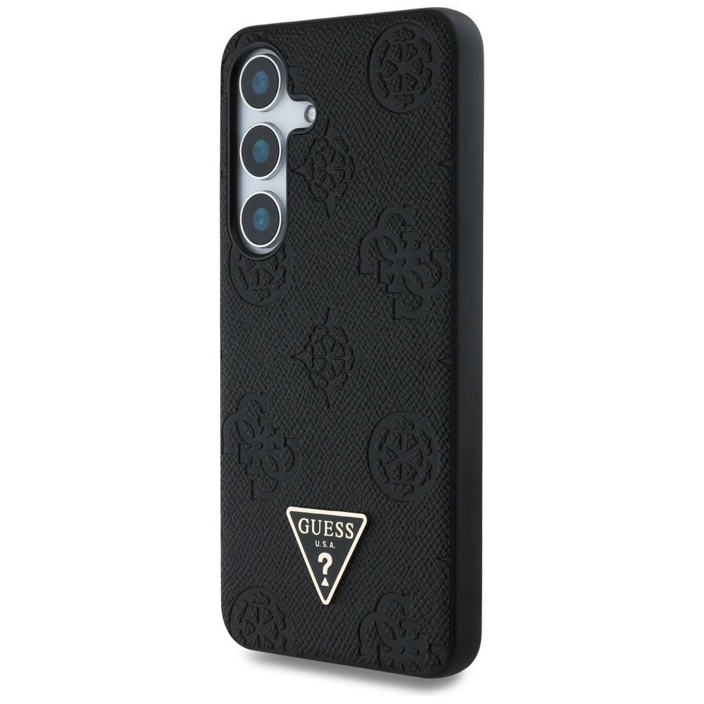 Guess Samsung Galaxy S25 - Grained Hot Stamp Peony Pattern Triangle Logo - MagSafe Σκληρή Θήκη με Πλαίσιο Σιλικόνης και Συνθετικό Δέρμα - Black - GUHMS25SPGBTMK