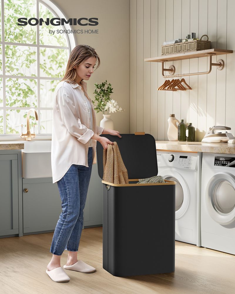 Songmics Καλάθι Απλύτων 2 Διαμερισμάτων με Καπάκι και 2 Αποσπώμενους Εσωτερικούς Σάκους - 130L - Ink Black - LCB513B01