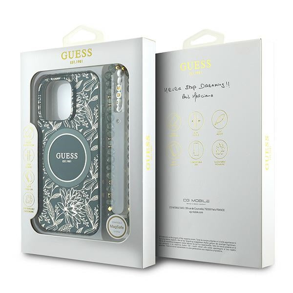 Guess iPhone 16 Pro - IML Flowers Allover Electro With Pearl Strap MagSafe - Σκληρή Θήκη με Πλαίσιο Σιλικόνης και Λουράκι - White / Green - GUHMP16LHCPOFPA