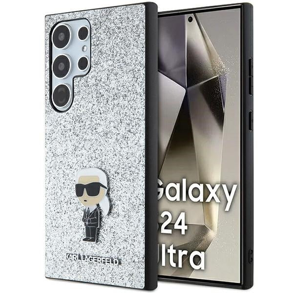 Karl Lagerfeld Samsung Galaxy S24 Ultra - Fixed Glitter Ikonik Logo Metal Pin - Σκληρή Θήκη με Πλαίσιο Σιλικόνης - Silver - KLHCS24LGCNPSG
