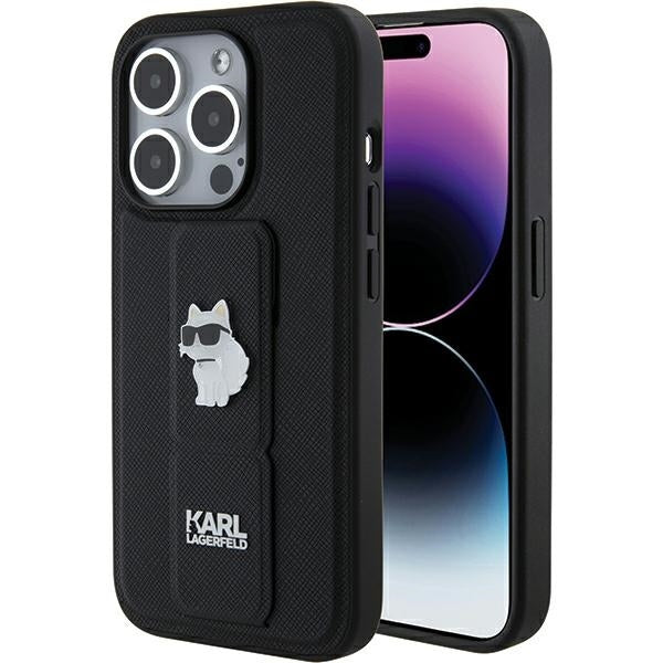 Karl Lagerfeld iPhone 15 Pro Max - Gripstand Saffiano Choupette Pin Σκληρή Θήκη με Επένδυση Συνθετικού Δέρματος και Stand - Black - KLHCP15XGSACHPK