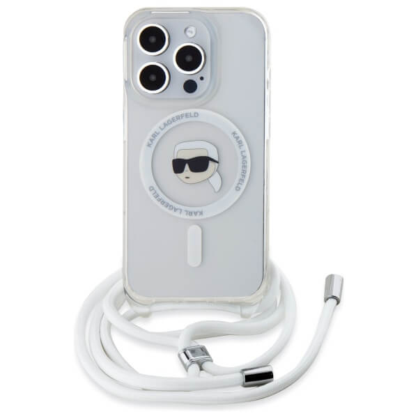 Karl Lagerfeld iPhone 16 Pro - Crossbody IML Karl Head - MagSafe Σκληρή Θήκη με Πλαίσιο Σιλικόνης και Λουράκι - Διάφανη - KLHMP16LHCKHNT