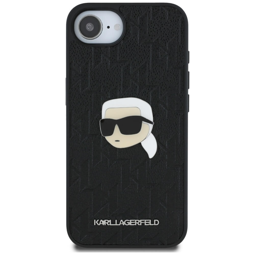 Karl Lagerfeld iPhone 16e - Monogram Karl Head Pin Σκληρή Θήκη με Επένδυση Συνθετικού Δέρματος - Black - KLHCPSE4PGKLKIPK - likebrands.gr