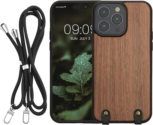 KW iPhone 14 Pro Max Θήκη από Φυσικό Ξύλο με Πλαίσιο Σιλικόνης και Λουράκι - Dark Brown