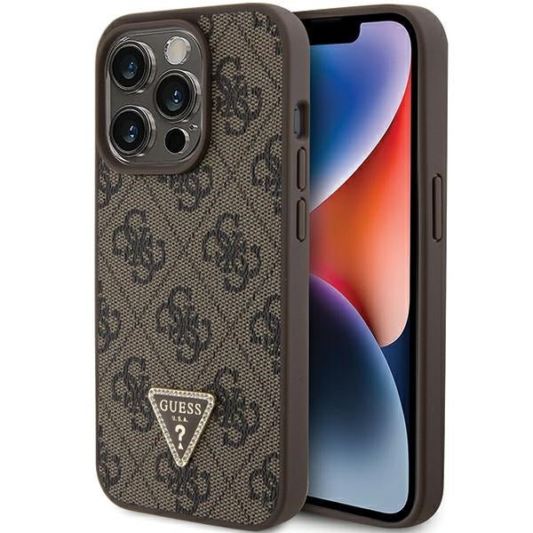 Guess iPhone 15 Pro Leather 4G Diamond Triangle Θήκη με Επένδυση Συνθετικού Δέρματος - Brown - GUHCP15LP4TDPW