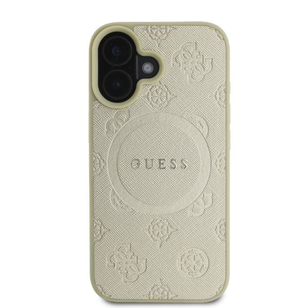 Guess iPhone 16 - Saffiano Peony Classic Logo - MagSafe Σκληρή Θήκη με Πλαίσιο Σιλικόνης και Συνθετικό Δέρμα - Gold - GUHMP16SPSAPSMED