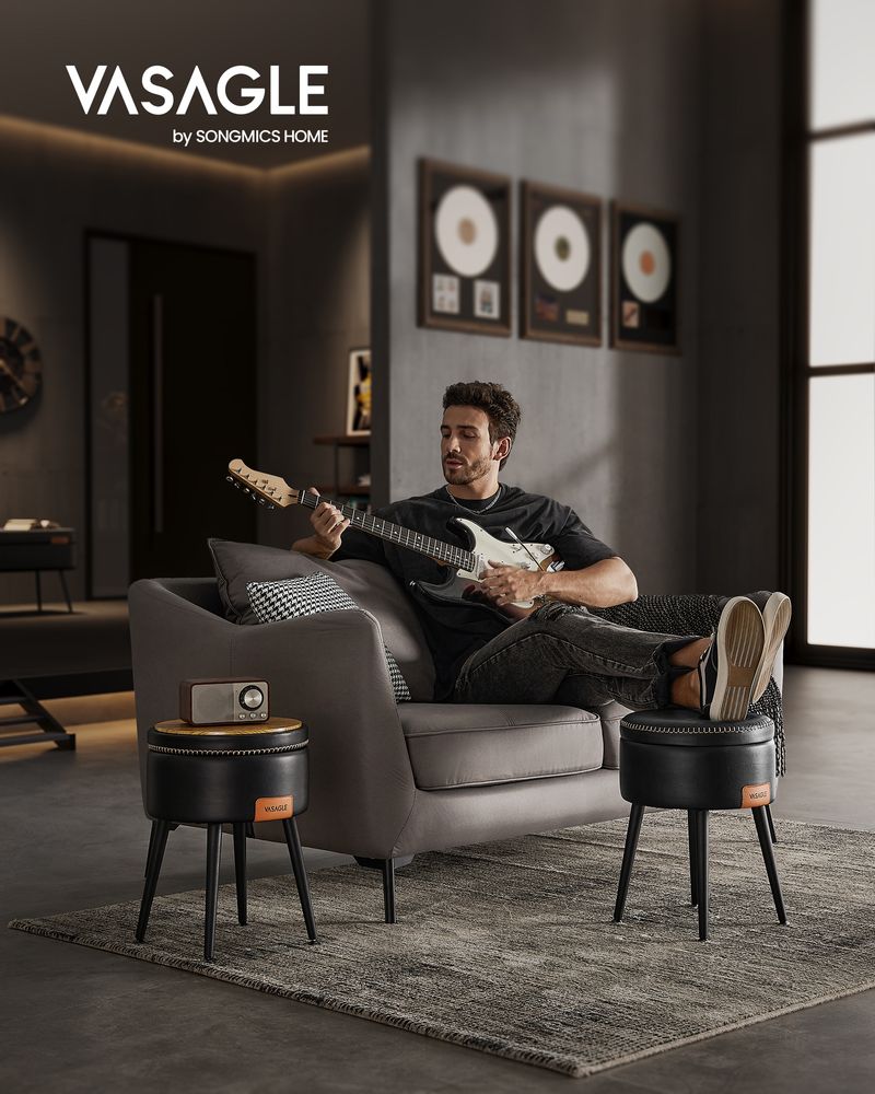 Vasagle EKHO Σκαμπό με Αποθηκευτικό Χώρο από Συνθετικό δέρμα και Ατσάλινα Πόδια - 38.2 x 44.4 cm - Ink Black - LOM005B01