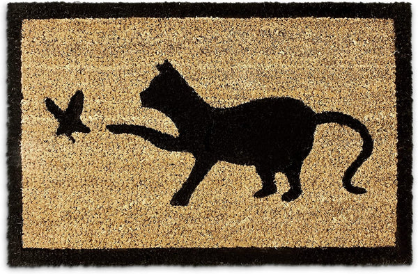 Relaxdays Χαλάκι Πόρτας από Ίνες Καρύδας Design Cat Catching Bird - 60 x 40 cm - Natural - 4052025032272