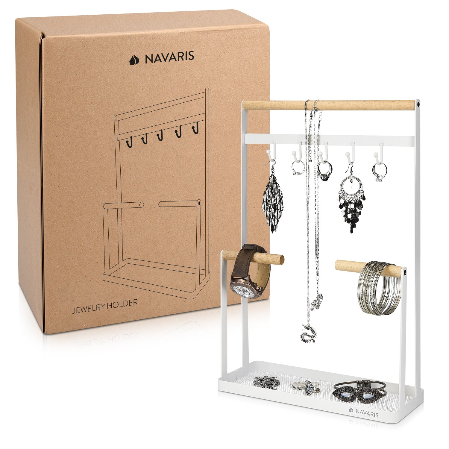 Navaris Jewellery Stand Κοσμημάτων και Αξεσουάρ από Μέταλλο και Ξύλο - White - 50574.02