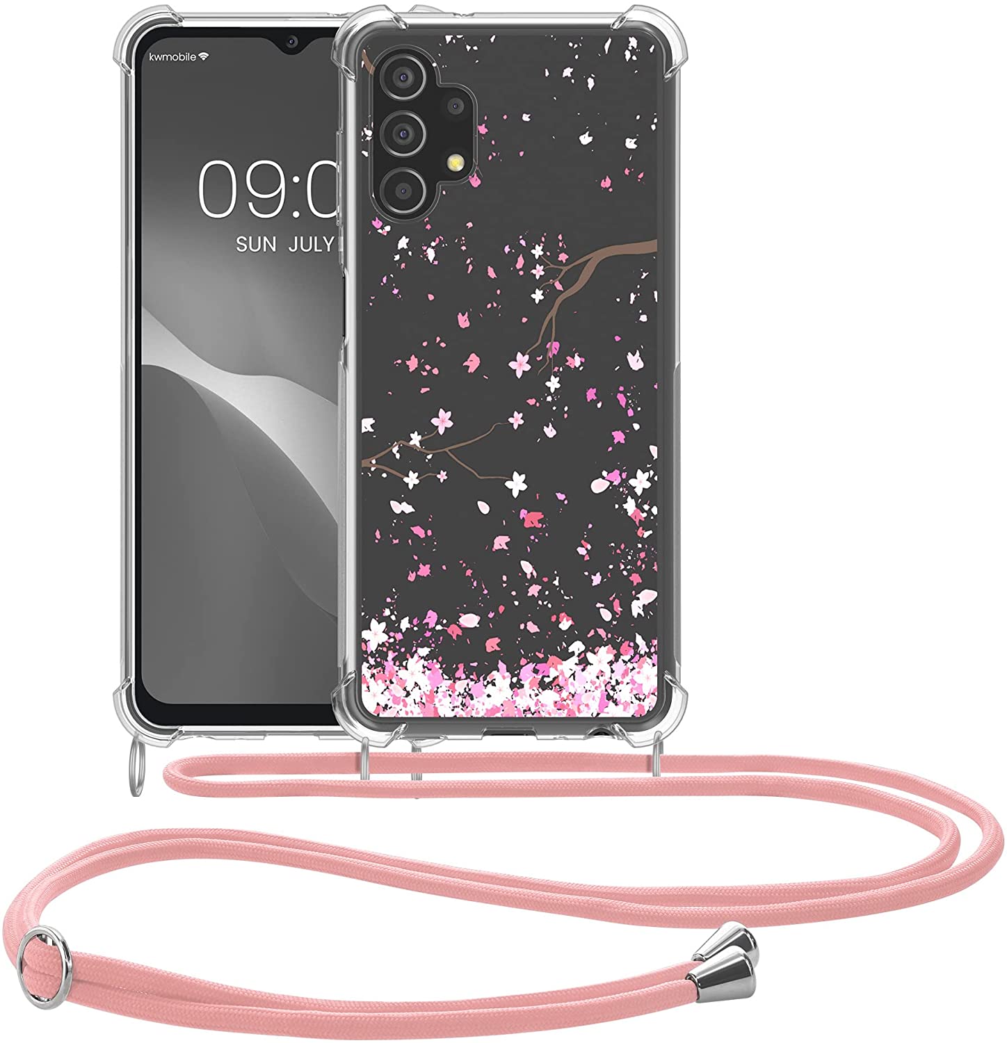 KW Samsung Galaxy A13 4G Θήκη Σιλικόνης TPU με Λουράκι Design Cherry Blossoms - Pink / Dark Brown - Διάφανη - 58232.03