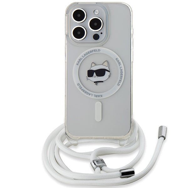 Karl Lagerfeld iPhone 15 Pro Max - IML Choupette Head and Cord - MagSafe Σκληρή Θήκη με Πλαίσιο Σιλικόνης και Λουράκι - Διάφανη - KLHMP15XHCCHNT