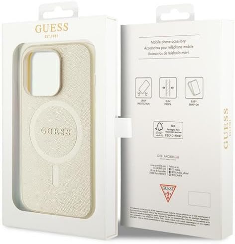 Guess iPhone 15 Pro Max Saffiano MagSafe Σκληρή Θήκη με Πλαίσιο Σιλικόνης και MagSafe - Gold - GUHMP15XPSAHMCB