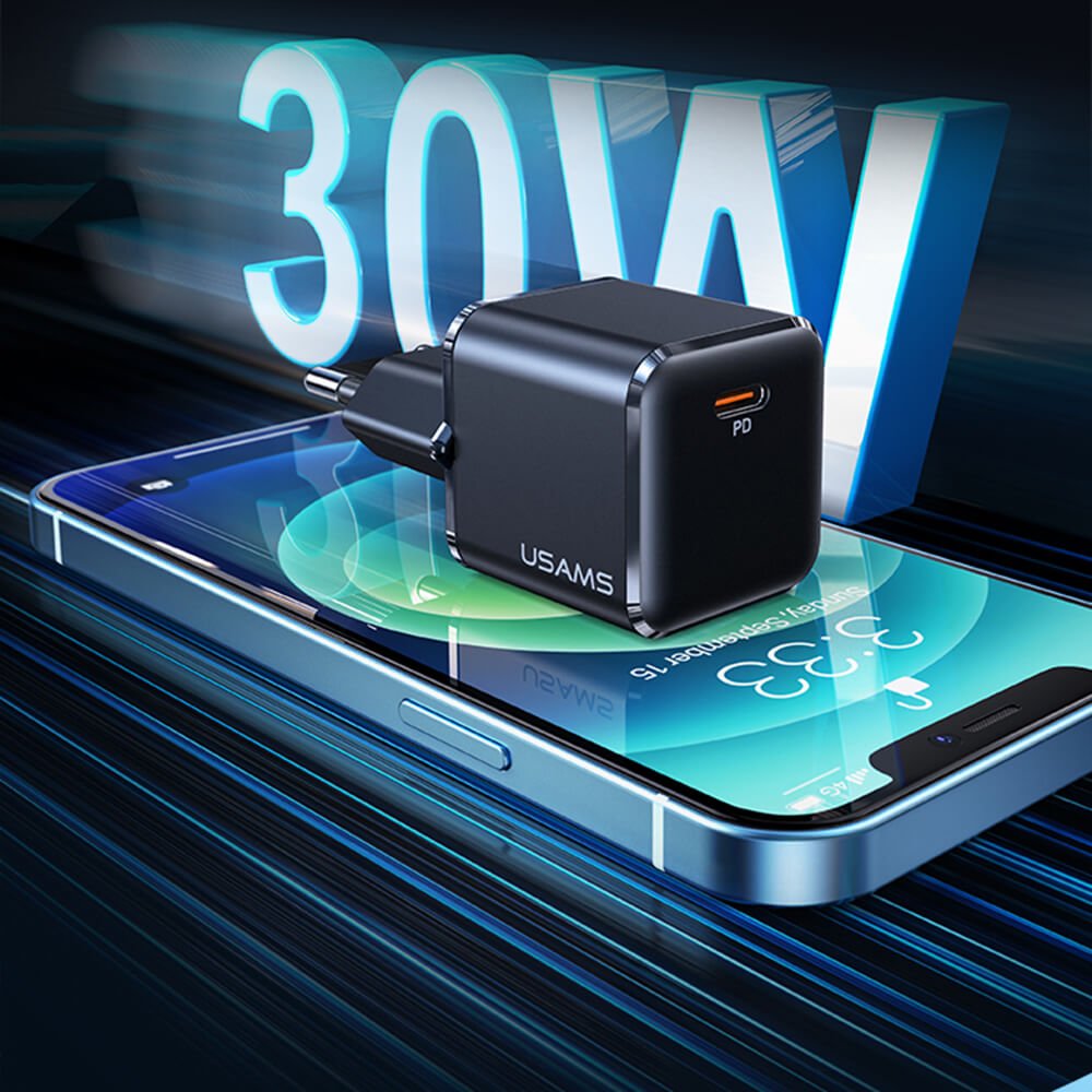 Usams Travel Charger Kit 30W Οικιακός Φορτιστής με Θύρα Type - C και καλώδιο Type - C to Lightning 20W - Black - UXTZH01