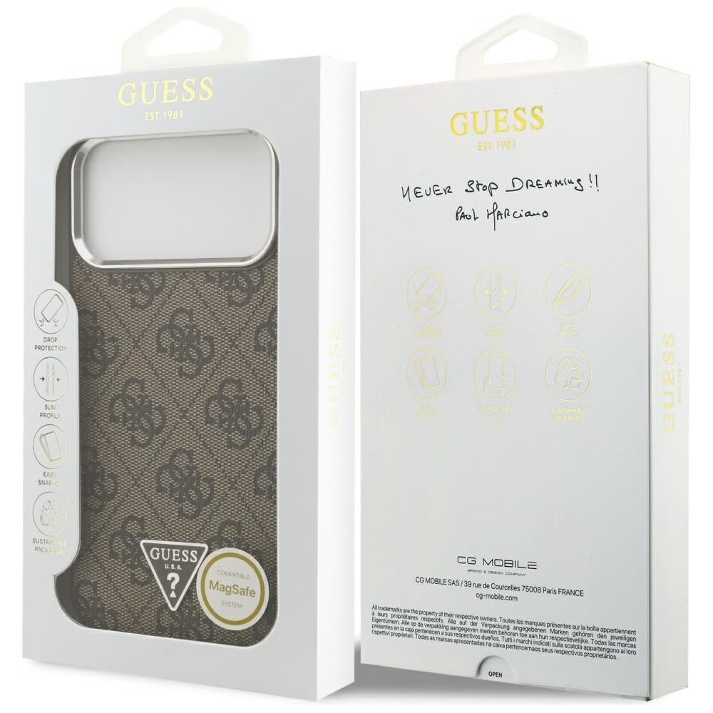 Guess iPhone 17 Pro Max - 4G Triangle Logo MagSafe - Σκληρή Θήκη με Πλαίσιο Σιλικόνης και Επένδυση Συνθετικού Δέρματος - Brown / Silver - GUHMP17XP4TSRCMW