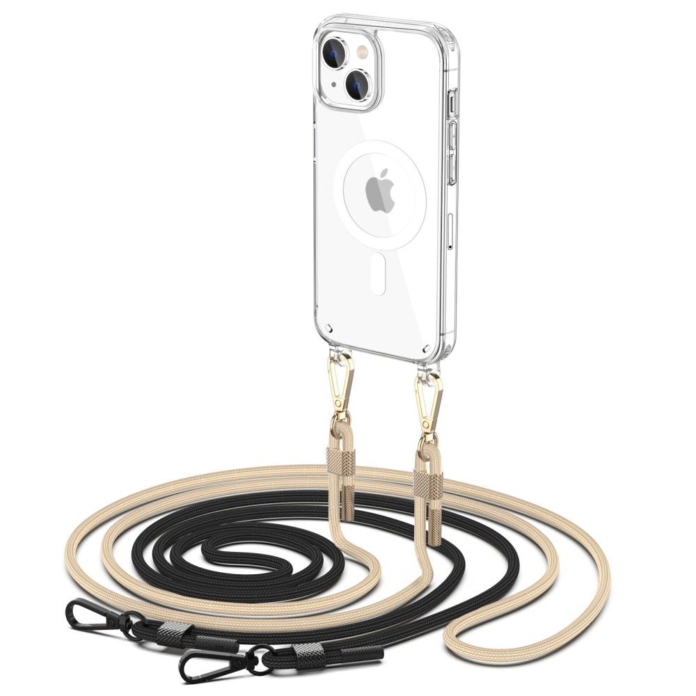 Tech - Protect iPhone 15 Flexair Chain MagSafe Σκληρή Θήκη με Πλαίσιο Σιλικόνης και 2 Λουράκια - Διάφανη - Black / Beige