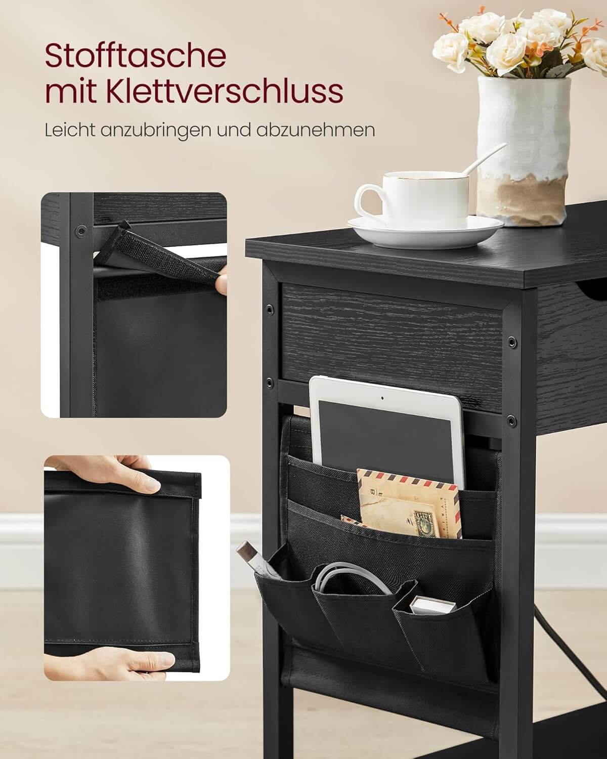 Vasagle Βοηθητικό Τραπεζάκι / Κομοδίνο με Ενσωματωμένο Πολύπριζο με 2 θύρες USB και Υφασμάτινη Τσάντα Οργάνωσης - Black - LET311B56