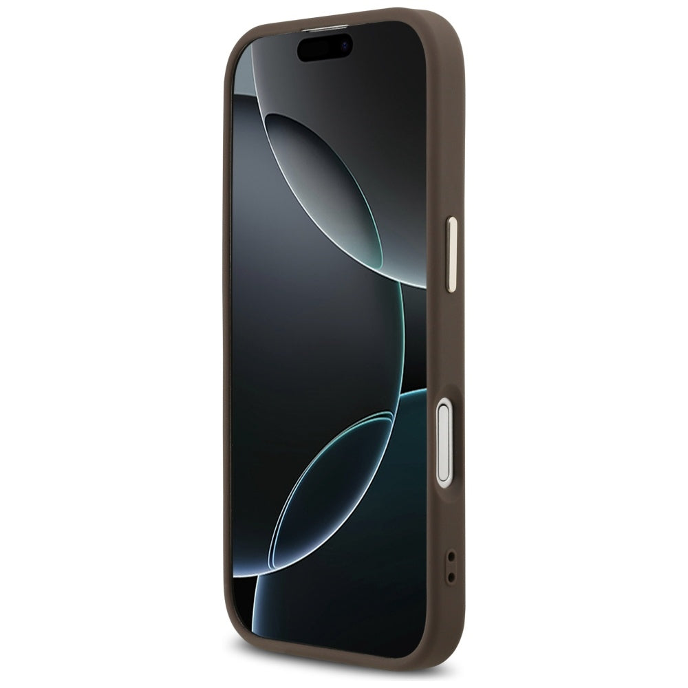 Guess iPhone 17 - 4G Triangle Strass Logo MagSafe - Σκληρή Θήκη με Επένδυση Συνθετικού Δέρματος - Brown / Gold - GUHMP17SP4GTDGMW