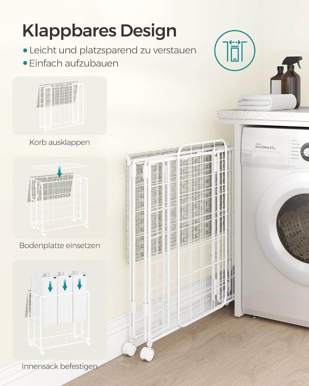 Songmics Τροχήλατο Αναδιπλούμενο Καλάθι Απλύτων με 3 Χωρίσματα και Καπάκι - 130 L - Cloud White - LCB313W01