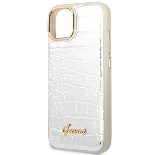 Guess iPhone 14 Plus Croco Collection Θήκη με Επένδυση Συνθετικού Δέρματος - Silver - GUHCP14MHGCRHS