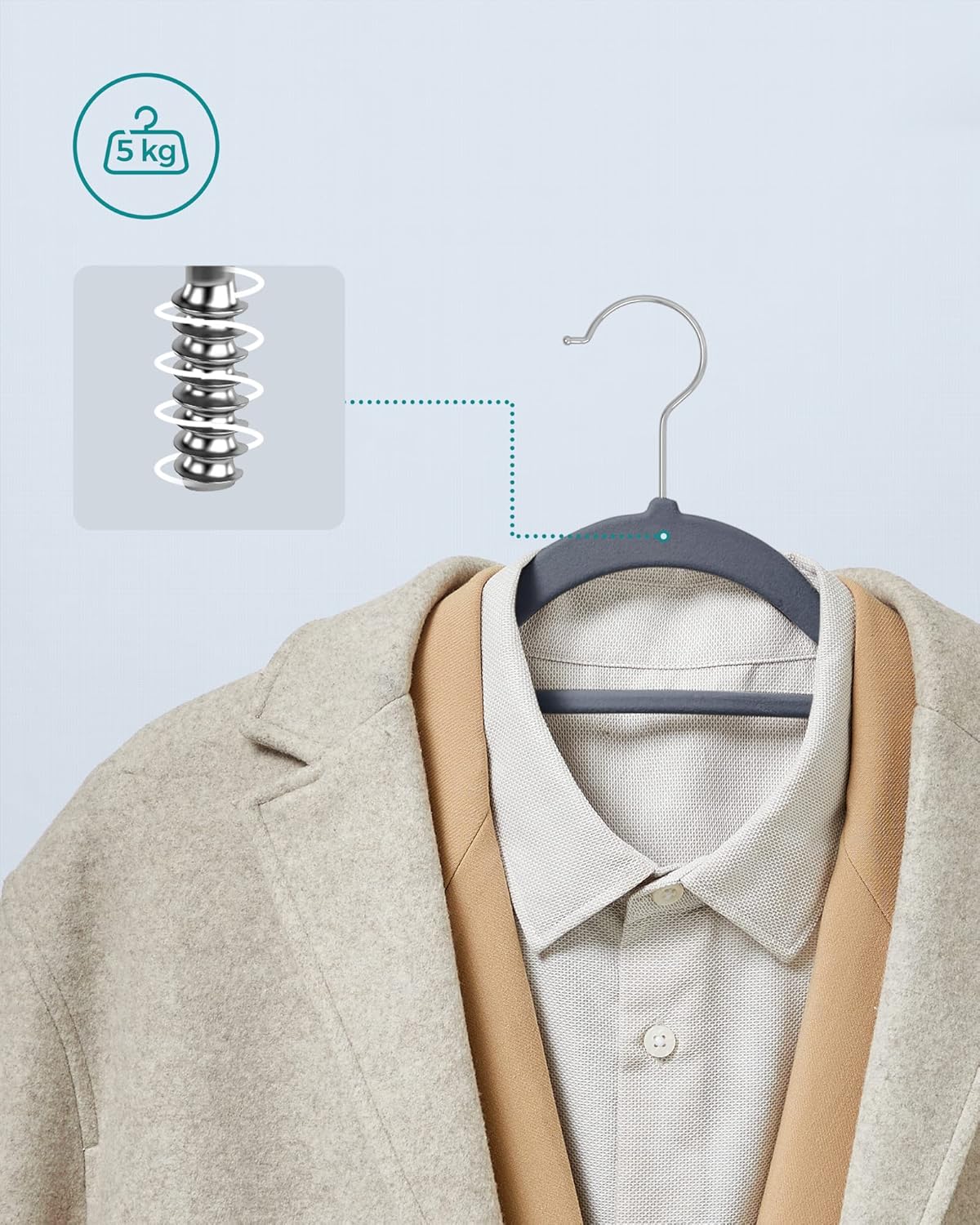 Songmics Σετ με 20 Βελούδινες Κρεμάστρες για Κοστούμι με Οργανωτή Γραβάτας - Light Grey - CRF20VX