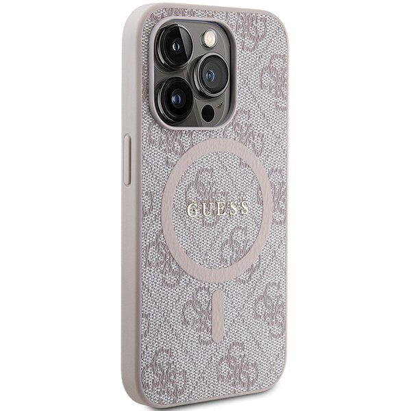 Guess iPhone 15 Pro - 4G Collection Leather Metal Logo MagSafe Θήκη με Επένδυση Συνθετικού Δέρματος και MagSafe - Pink - GUHMP15LG4GFRP
