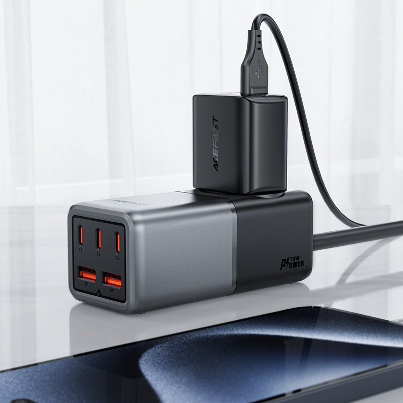 Acefast Z2 GaN 75W PD Σταθμός Φόρτισης με 3 Θύρες Type - C και 2 Θύρες USB και 1 Πρίζα - Black / Grey