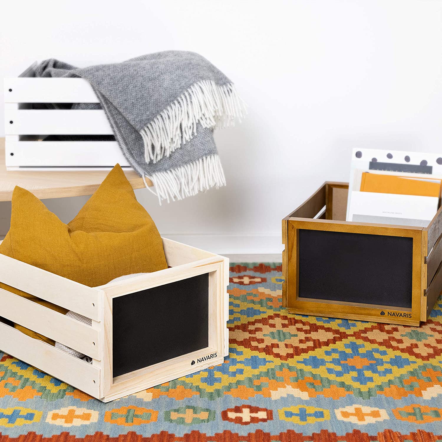 Navaris Ξύλινο Κουτί Αποθήκευσης με Πίνακα Κιμωλίας - White - 53026.01.02