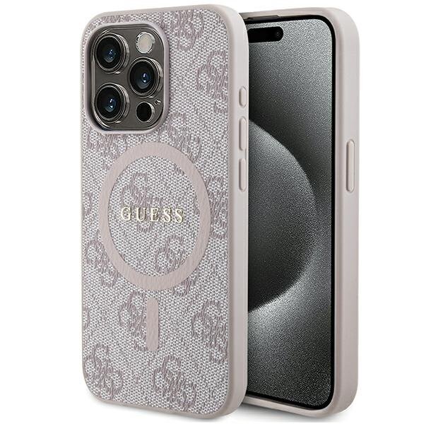 Guess iPhone 15 Pro - 4G Collection Leather Metal Logo MagSafe Θήκη με Επένδυση Συνθετικού Δέρματος και MagSafe - Pink - GUHMP15LG4GFRP