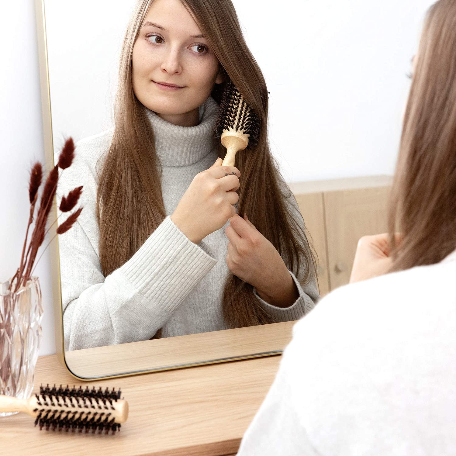 Navaris Σετ με 2 Στρόγγυλες Ξύλινες Βούρτσες Μαλλιών - Brown - 51356.01