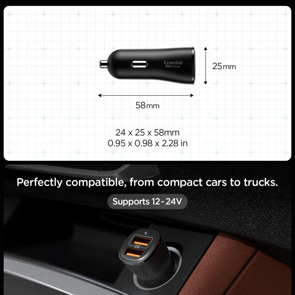 Spigen Essential EV302 Φορτιστής Αυτοκινήτου Γρήγορης Φόρτισης 30W με 2 Θύρες USB - Black