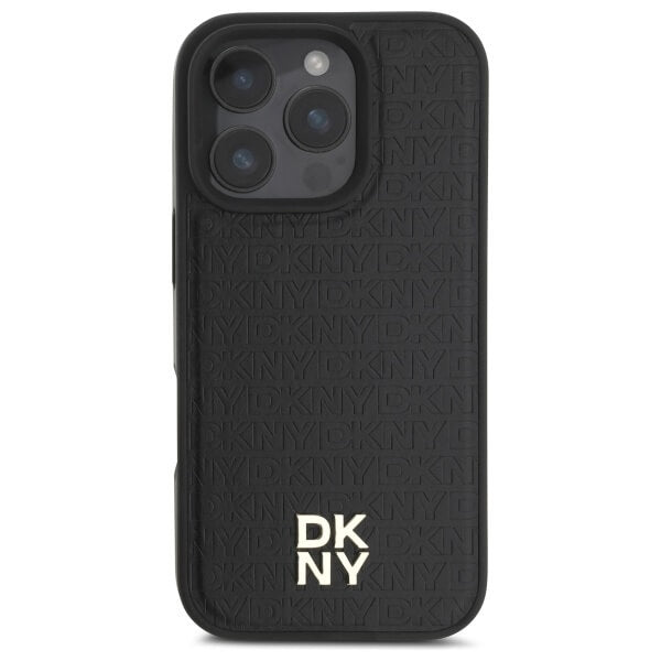 DKNY iPhone 16 Pro - Repeat Pattern Stack Logo MagSafe - Σκληρή Θήκη με Επένδυση Συνθετικού Δέρματος - Black