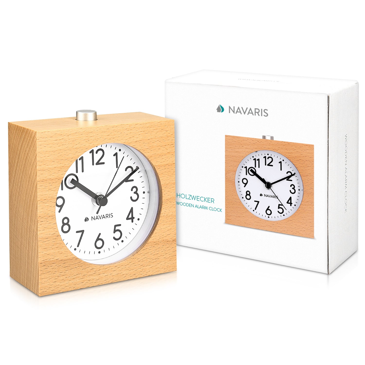 Navaris Analogue Wood Alarm Clock Design Square - Αναλογικό Επιτραπέζιο Ρολόι και Ξυπνητήρι - Light Brown - 43905