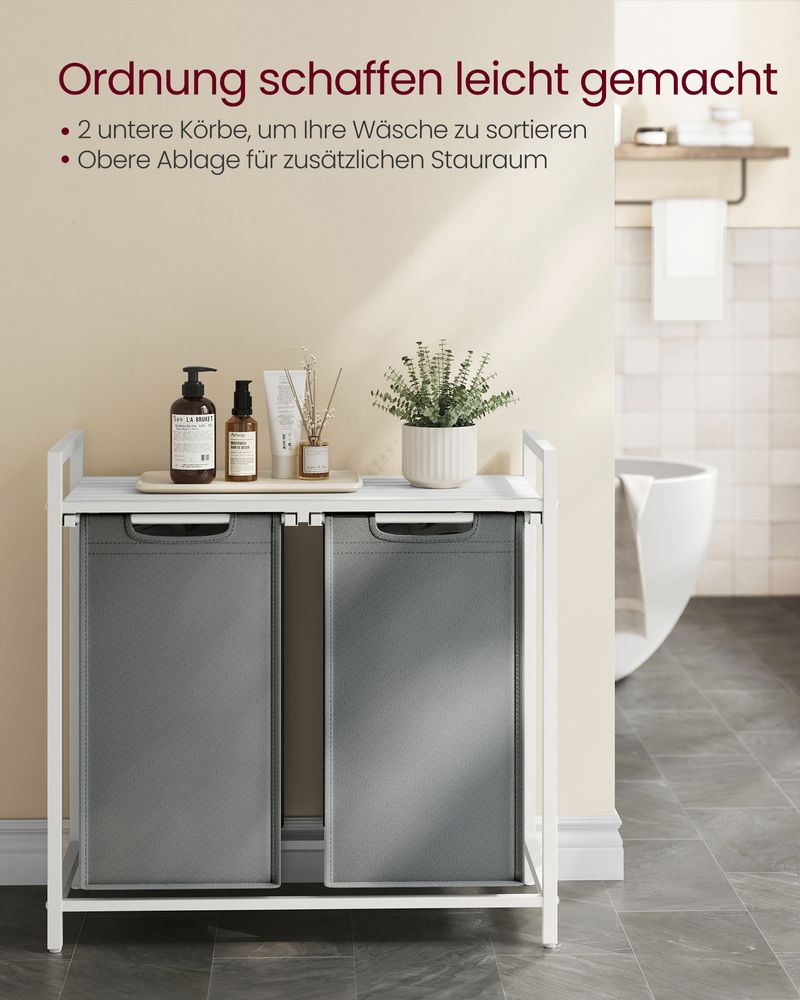 Vasagle Καλάθι Απλύτων με 2 Διαμερίσματα και Ράφι - 92L - White / Light Grey - BLH201W11