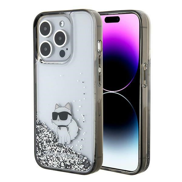 Karl Lagerfeld iPhone 15 Pro Max - Liquid Glitter Choupette Σκληρή Θήκη με Πλαίσιο Σιλικόνης - Διάφανη - KLHCP15XLKCNSK