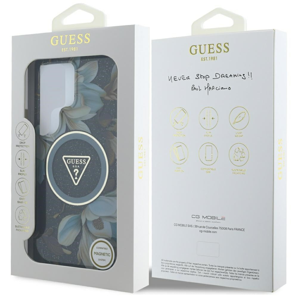 Guess Samsung Galaxy S25 Ultra - Glitter Flowers Triangle Buttons MagSafe - Σκληρή Θήκη με Πλαίσιο Σιλικόνης - Black - GUHMS25LHFLPEDK