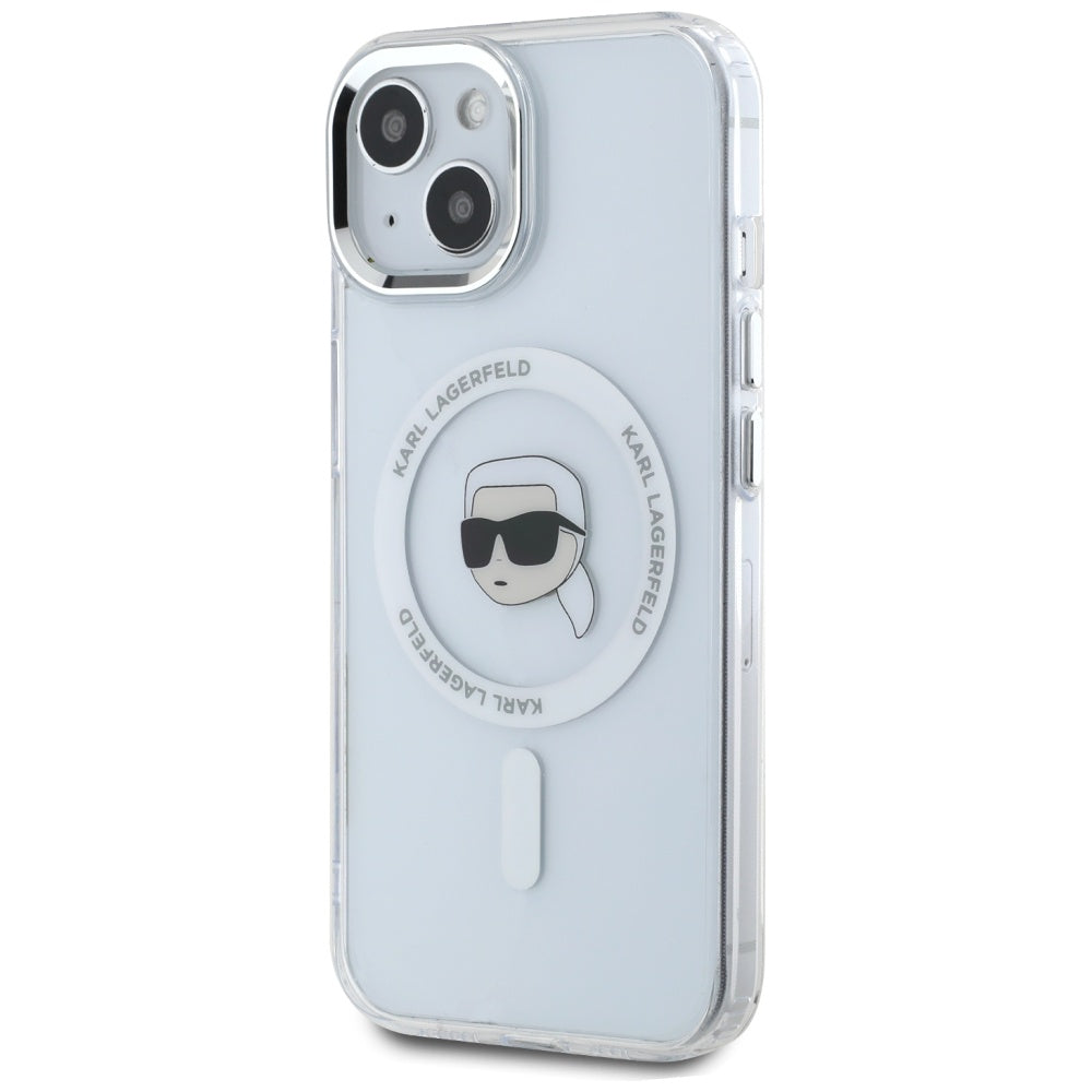 Karl Lagerfeld iPhone 15 - IML Metal Karl Head - MagSafe Σκληρή Θήκη με Πλαίσιο Σιλικόνης - White - KLHMP15SHLSKIH
